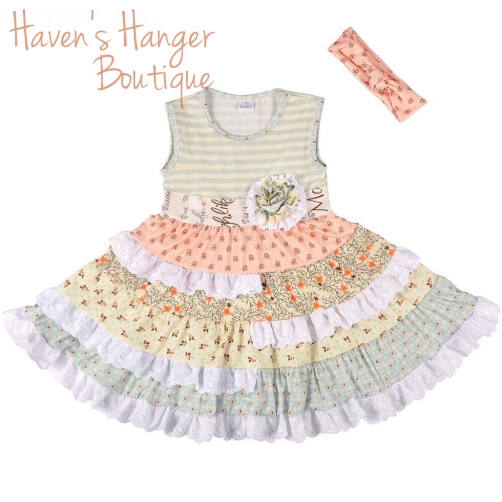 2pc. Ruffle Floral & Stripe Dress & Headband  #2